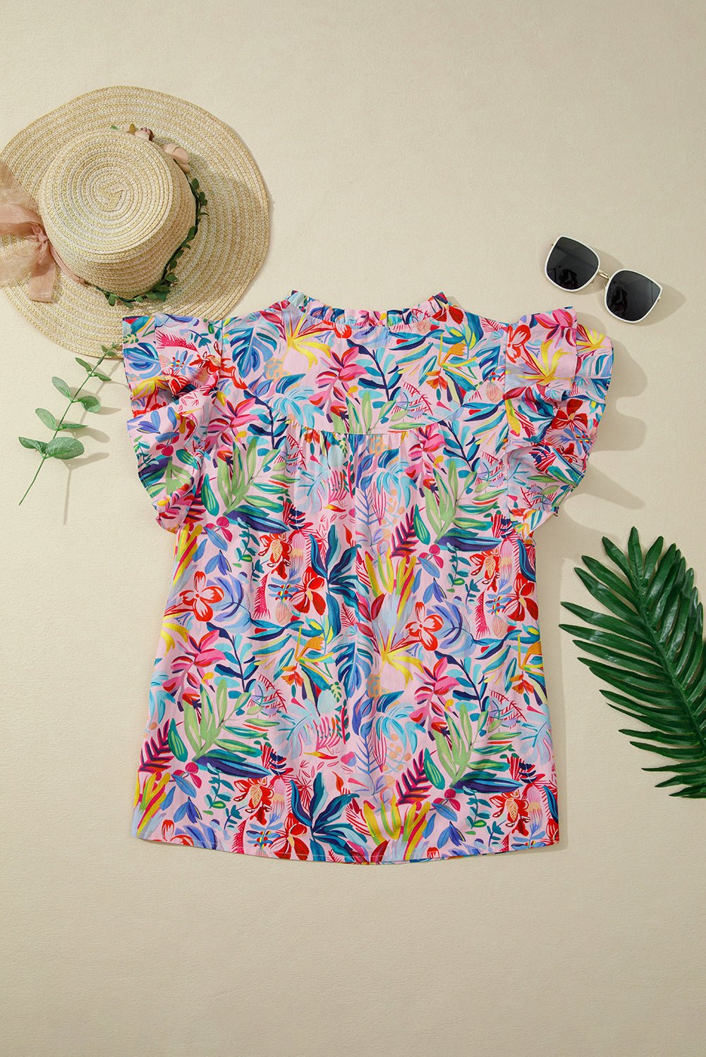 Floral Frilled Notch Neck Ruffle Sleeve Blouse - Rooted & Reckless Co.