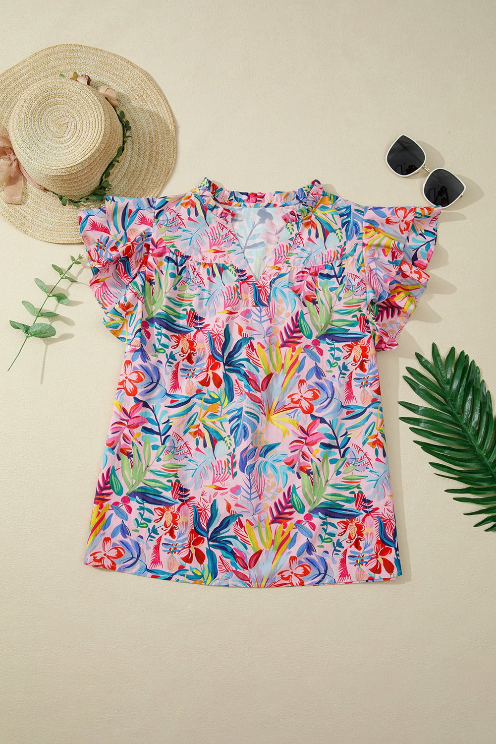 Floral Frilled Notch Neck Ruffle Sleeve Blouse - Rooted & Reckless Co.