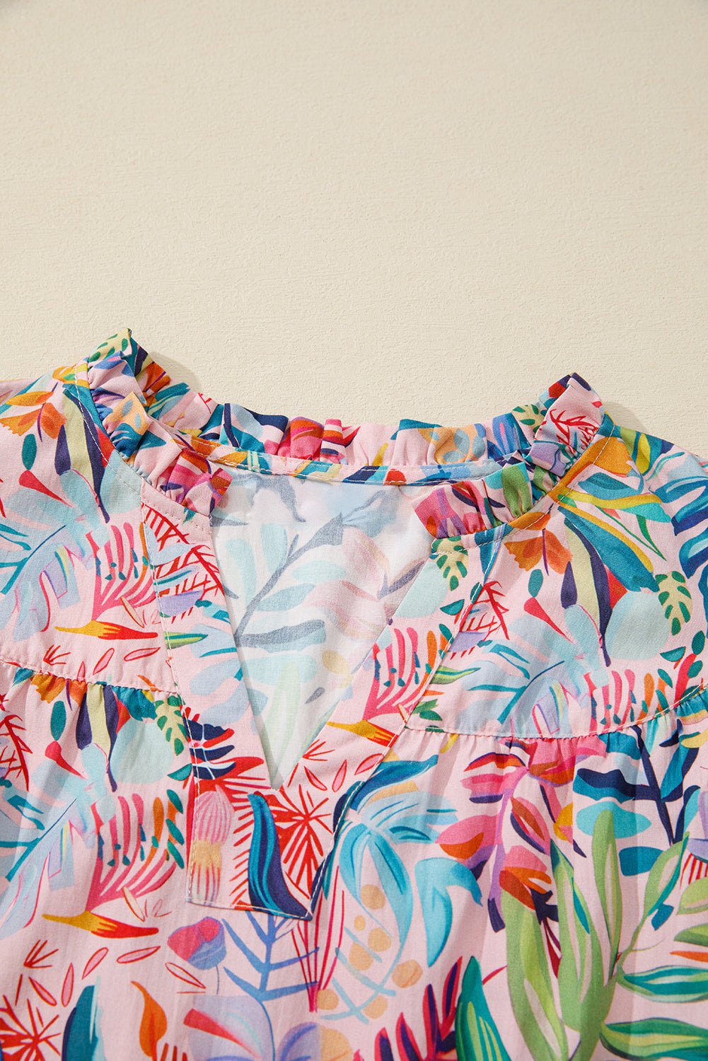 Floral Frilled Notch Neck Ruffle Sleeve Blouse - Rooted & Reckless Co.
