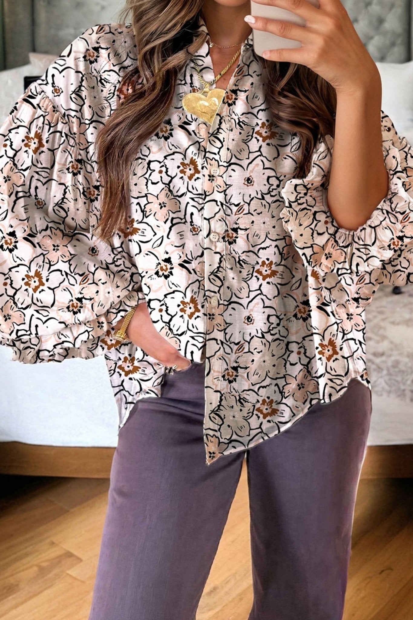 Floral Frilled Puff Sleeve Button Down Shirt - Rooted & Reckless Co.