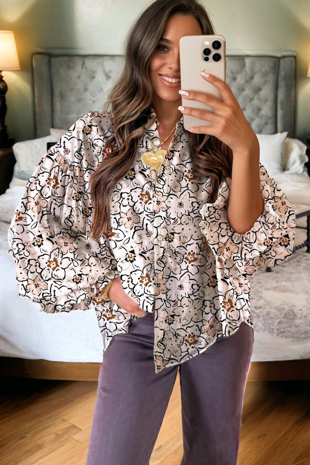 Floral Frilled Puff Sleeve Button Down Shirt - Rooted & Reckless Co.