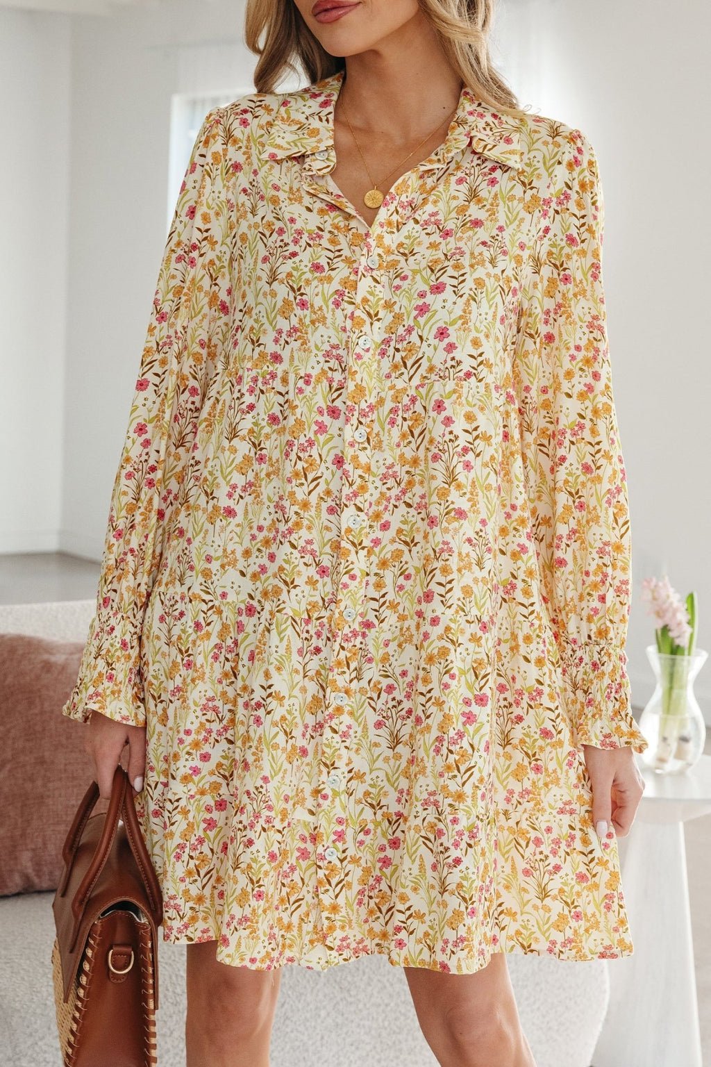 Floral Frilled Trim Smocked Cuff Dress - Rooted & Reckless Co.