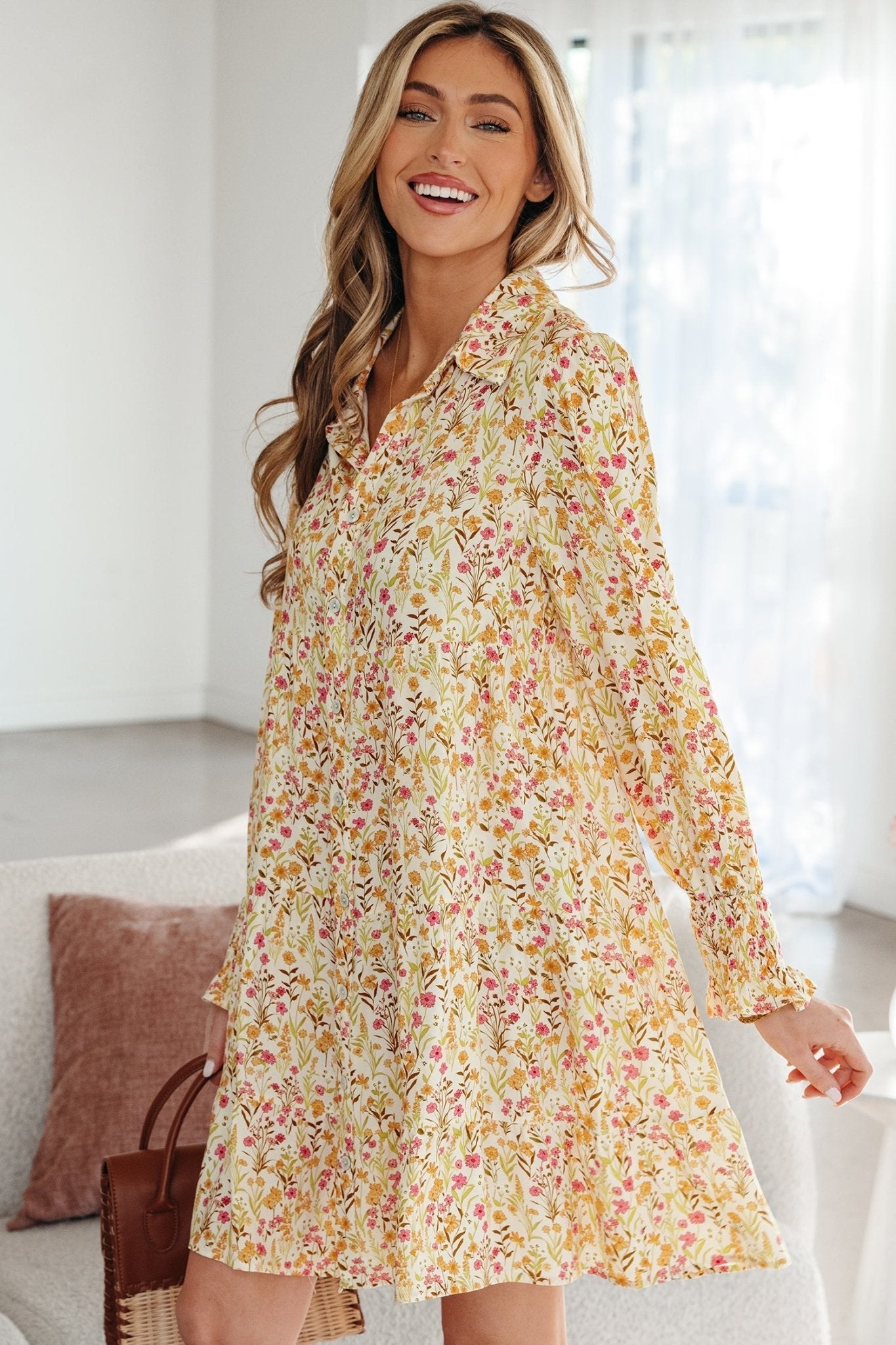 Floral Frilled Trim Smocked Cuff Dress - Rooted & Reckless Co.