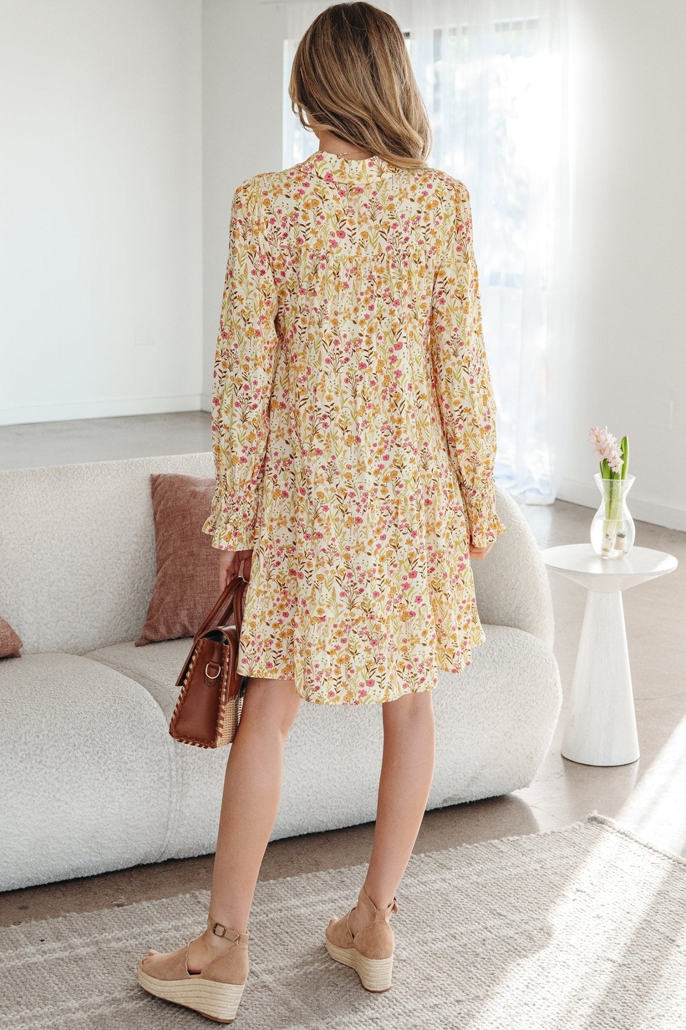 Floral Frilled Trim Smocked Cuff Dress - Rooted & Reckless Co.