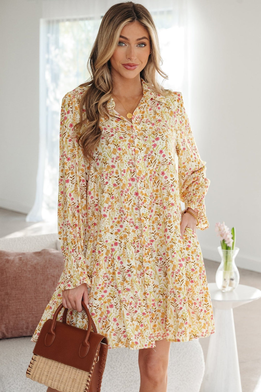 Floral Frilled Trim Smocked Cuff Dress - Rooted & Reckless Co.