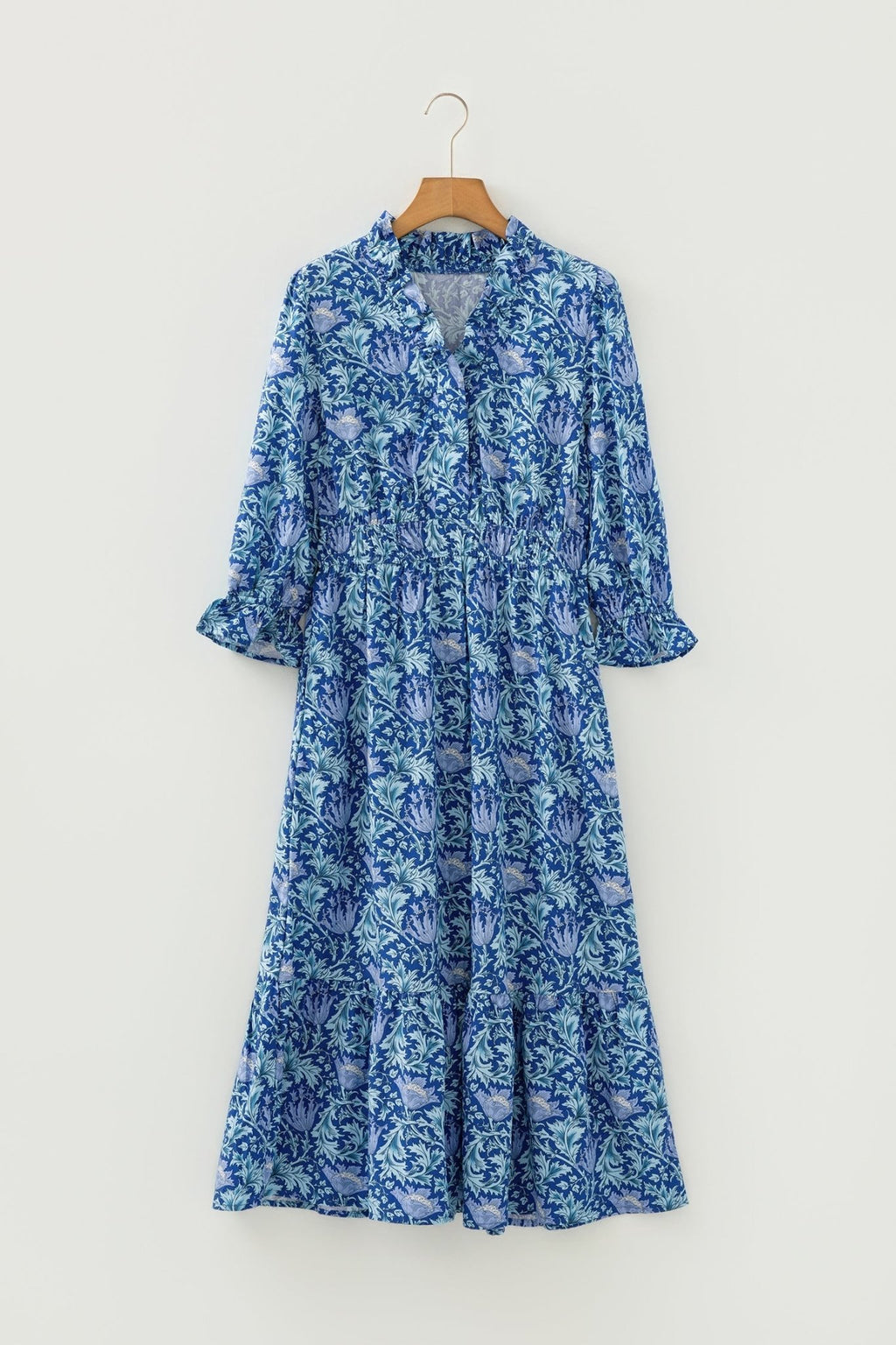 Floral Frilled V-Neck 3/4 Sleeve Midi Dress - Rooted & Reckless Co.