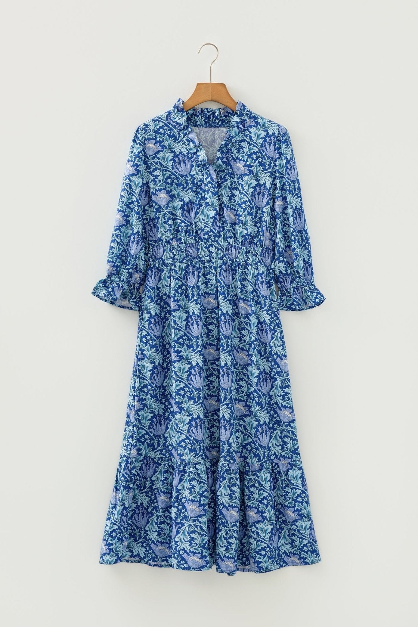 Floral Frilled V-Neck 3/4 Sleeve Midi Dress - Rooted & Reckless Co.