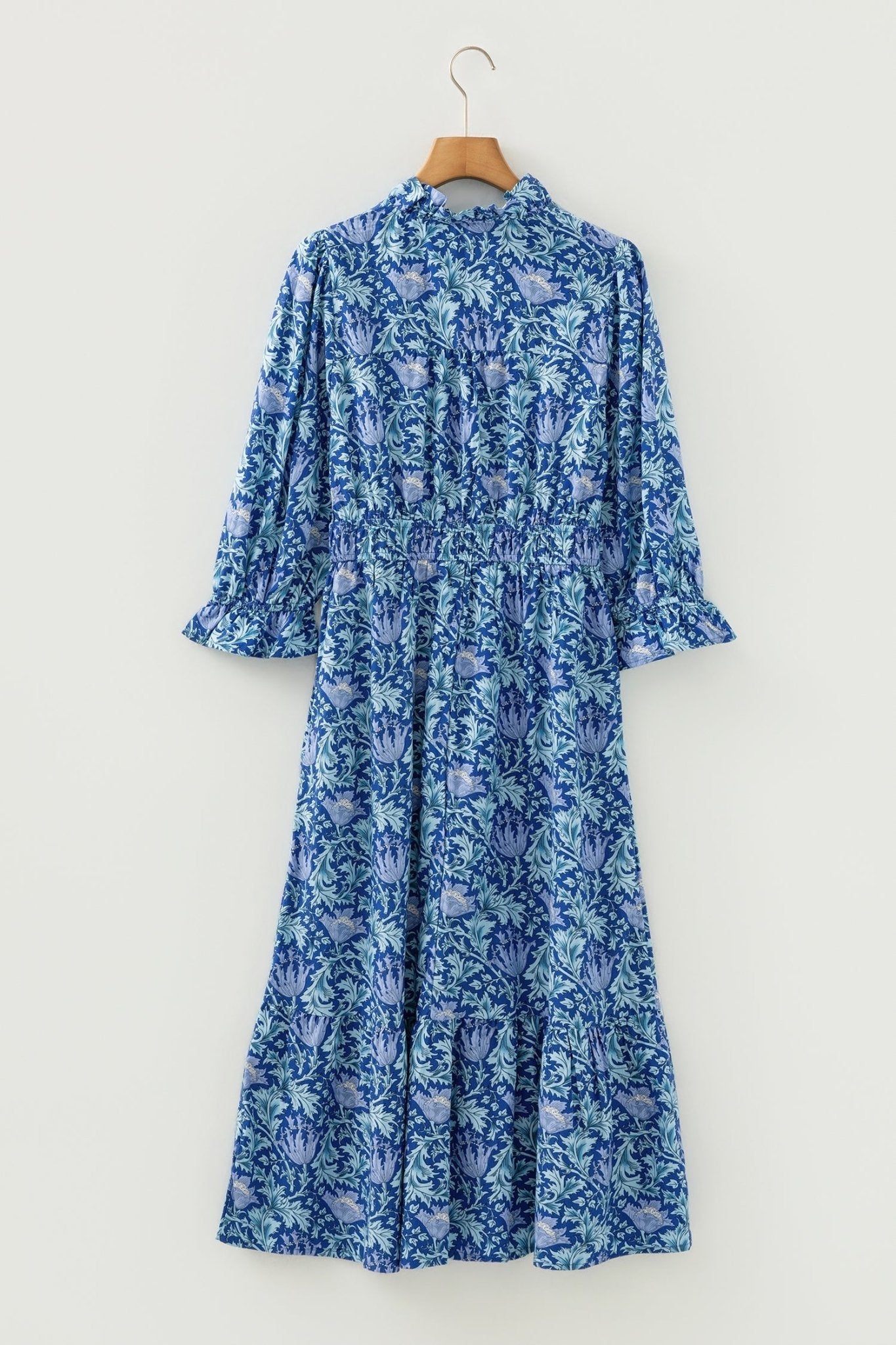Floral Frilled V-Neck 3/4 Sleeve Midi Dress - Rooted & Reckless Co.