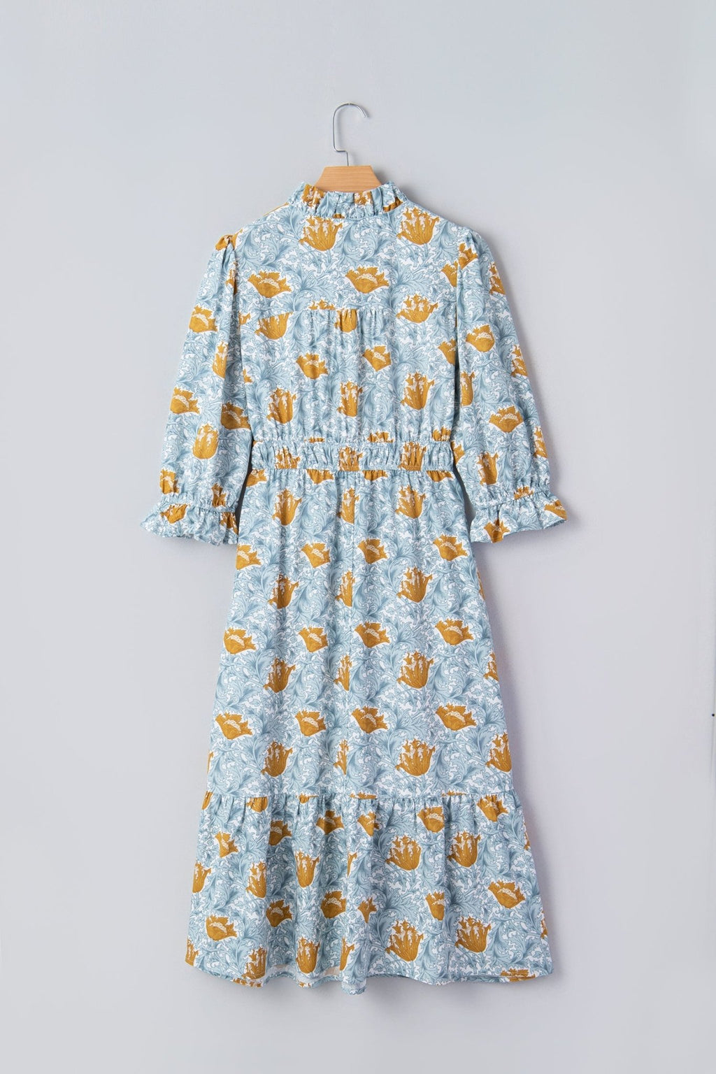 Floral Frilled V-Neck 3/4 Sleeve Midi Dress - Rooted & Reckless Co.