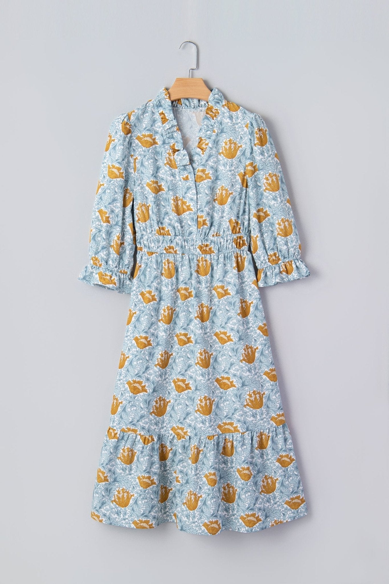 Floral Frilled V-Neck 3/4 Sleeve Midi Dress - Rooted & Reckless Co.