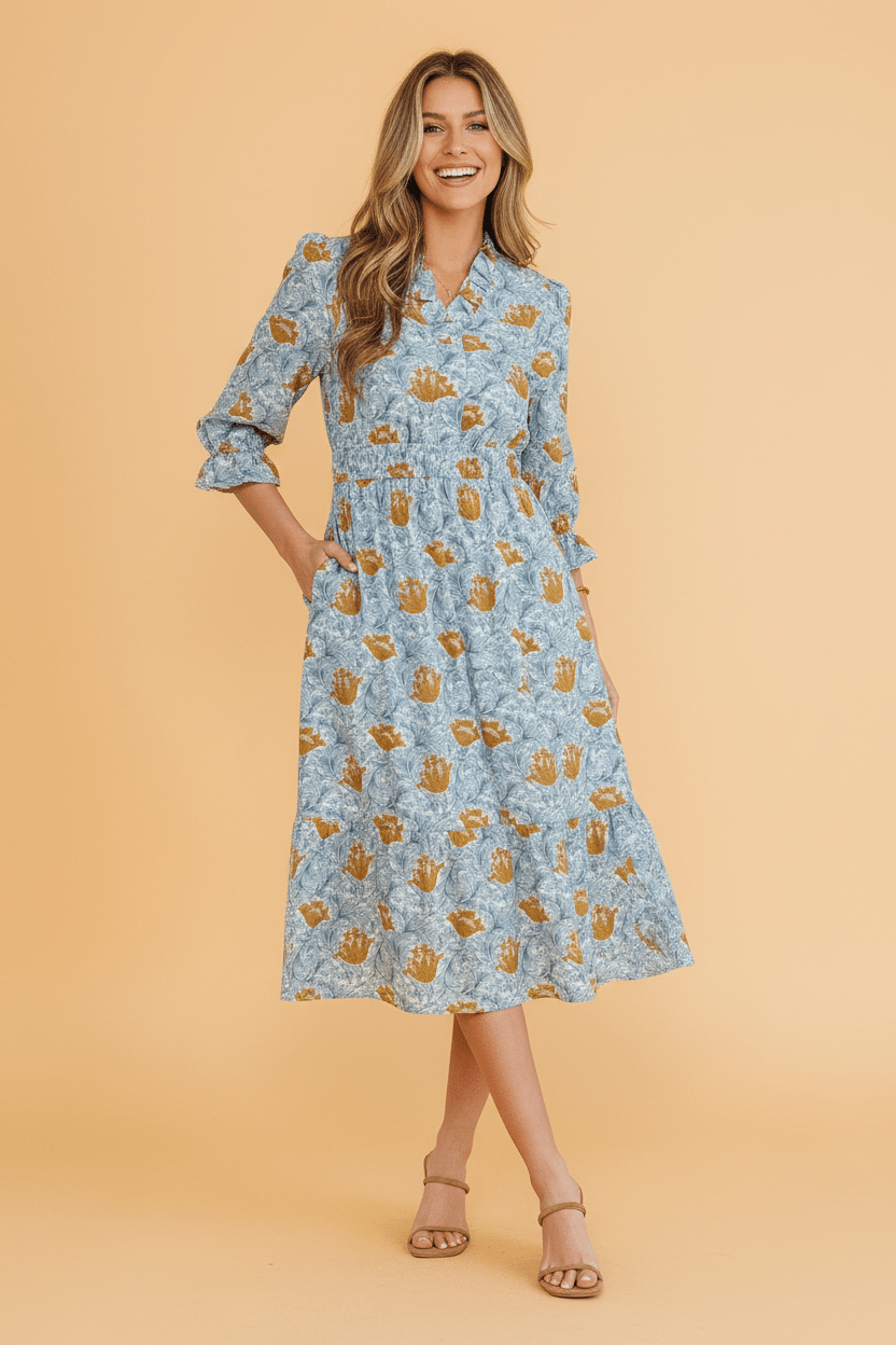 Floral Frilled V-Neck 3/4 Sleeve Midi Dress - Rooted & Reckless Co.