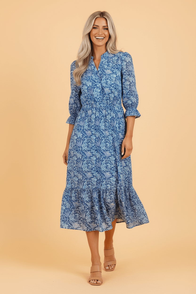 Floral Frilled V-Neck 3/4 Sleeve Midi Dress - Rooted & Reckless Co.