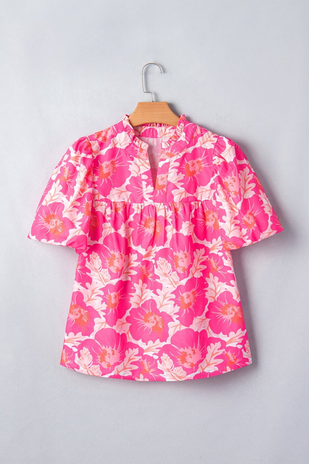Floral Frilled V-Neck Bubble Sleeve Babydoll Blouse - Rooted & Reckless Co.