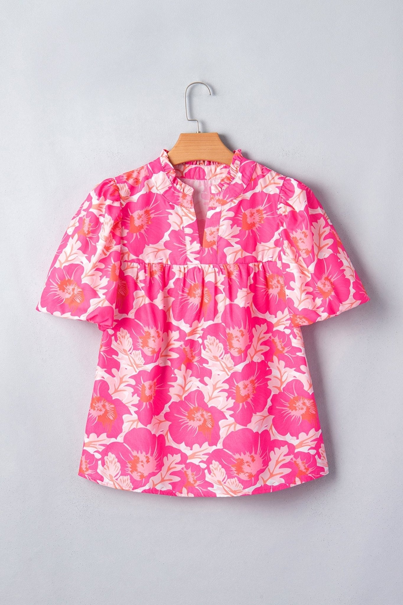 Floral Frilled V-Neck Bubble Sleeve Babydoll Blouse - Rooted & Reckless Co.