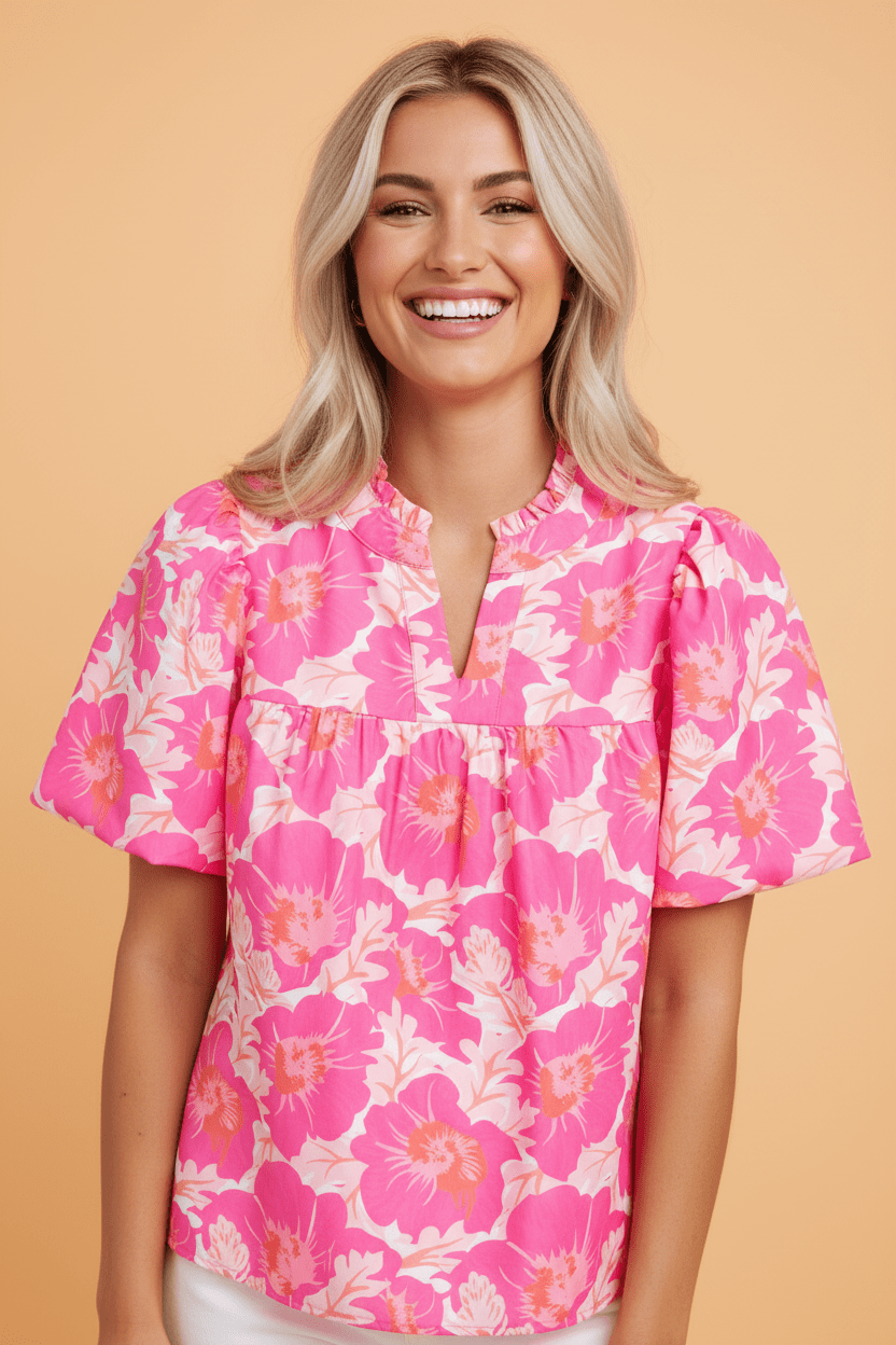 Floral Frilled V-Neck Bubble Sleeve Babydoll Blouse - Rooted & Reckless Co.