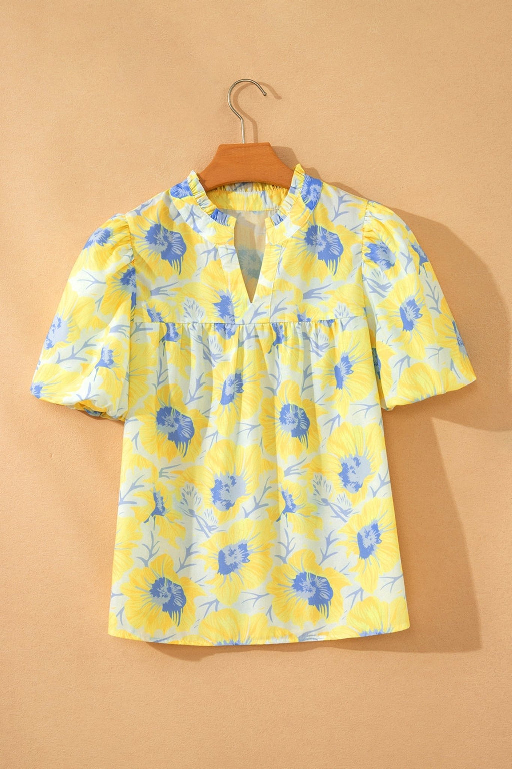 Floral Frilled V-Neck Bubble Sleeve Babydoll Blouse - Rooted & Reckless Co.