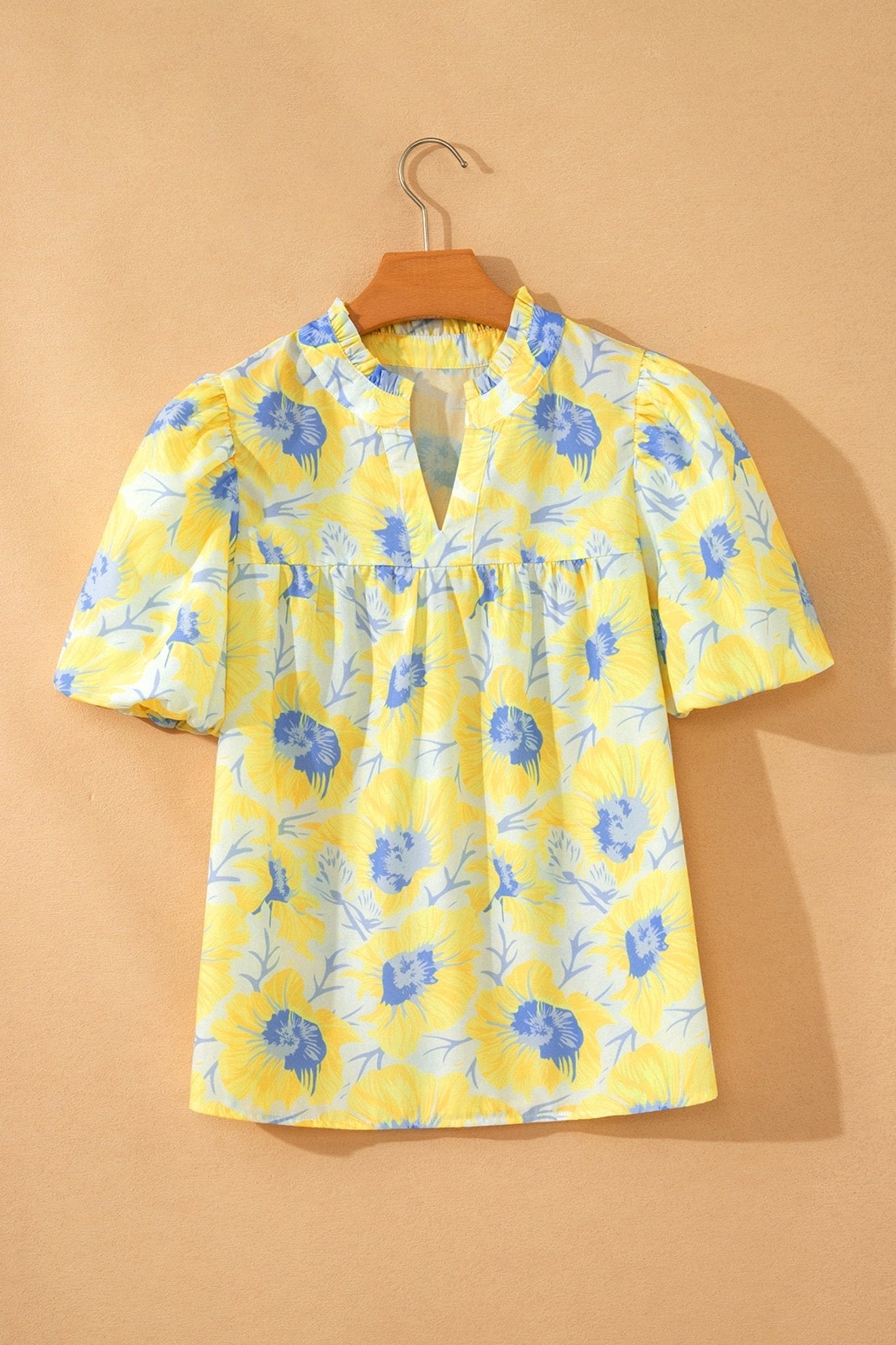 Floral Frilled V-Neck Bubble Sleeve Babydoll Blouse - Rooted & Reckless Co.