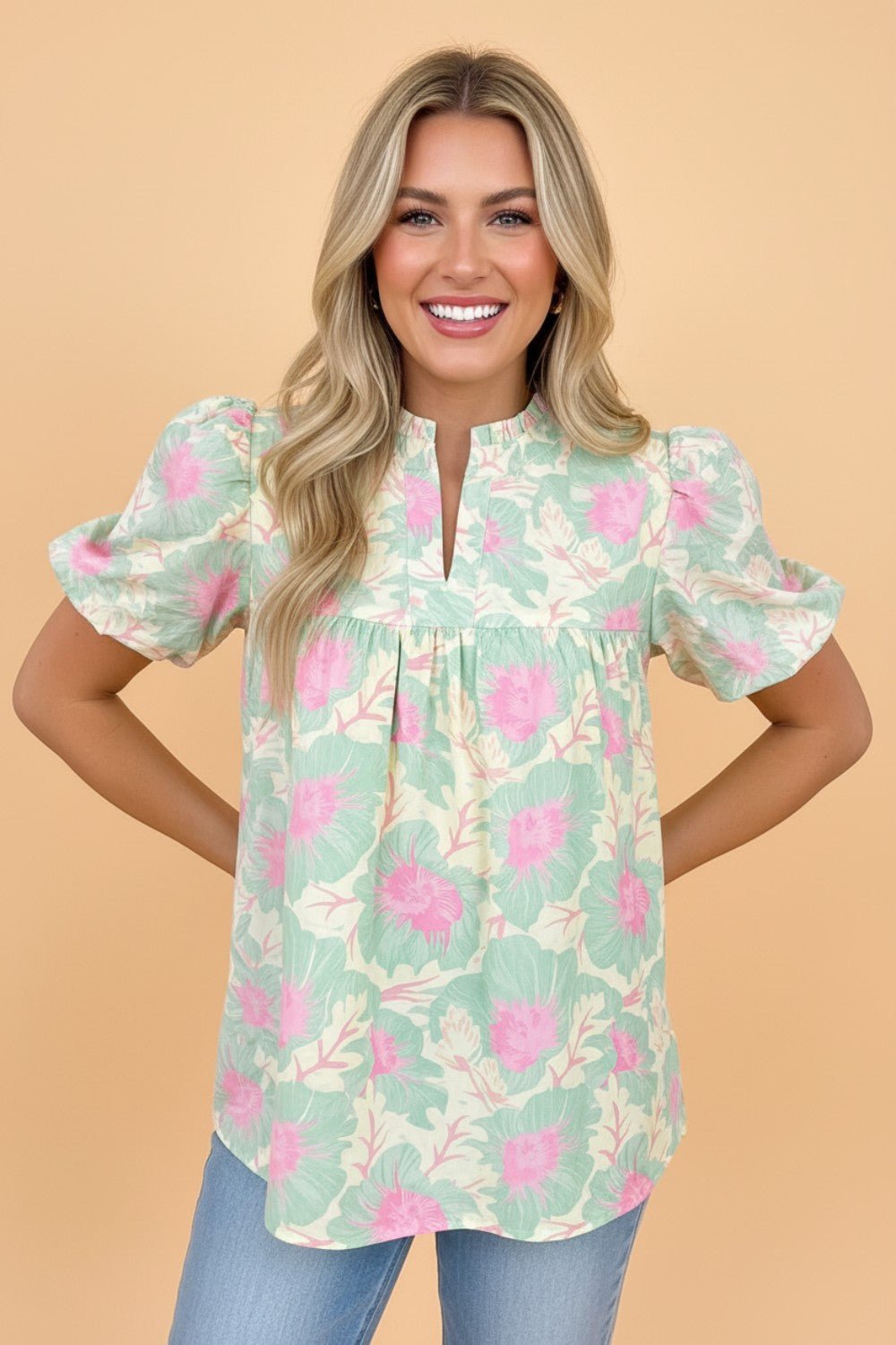 Floral Frilled V-Neck Bubble Sleeve Babydoll Blouse - Rooted & Reckless Co.