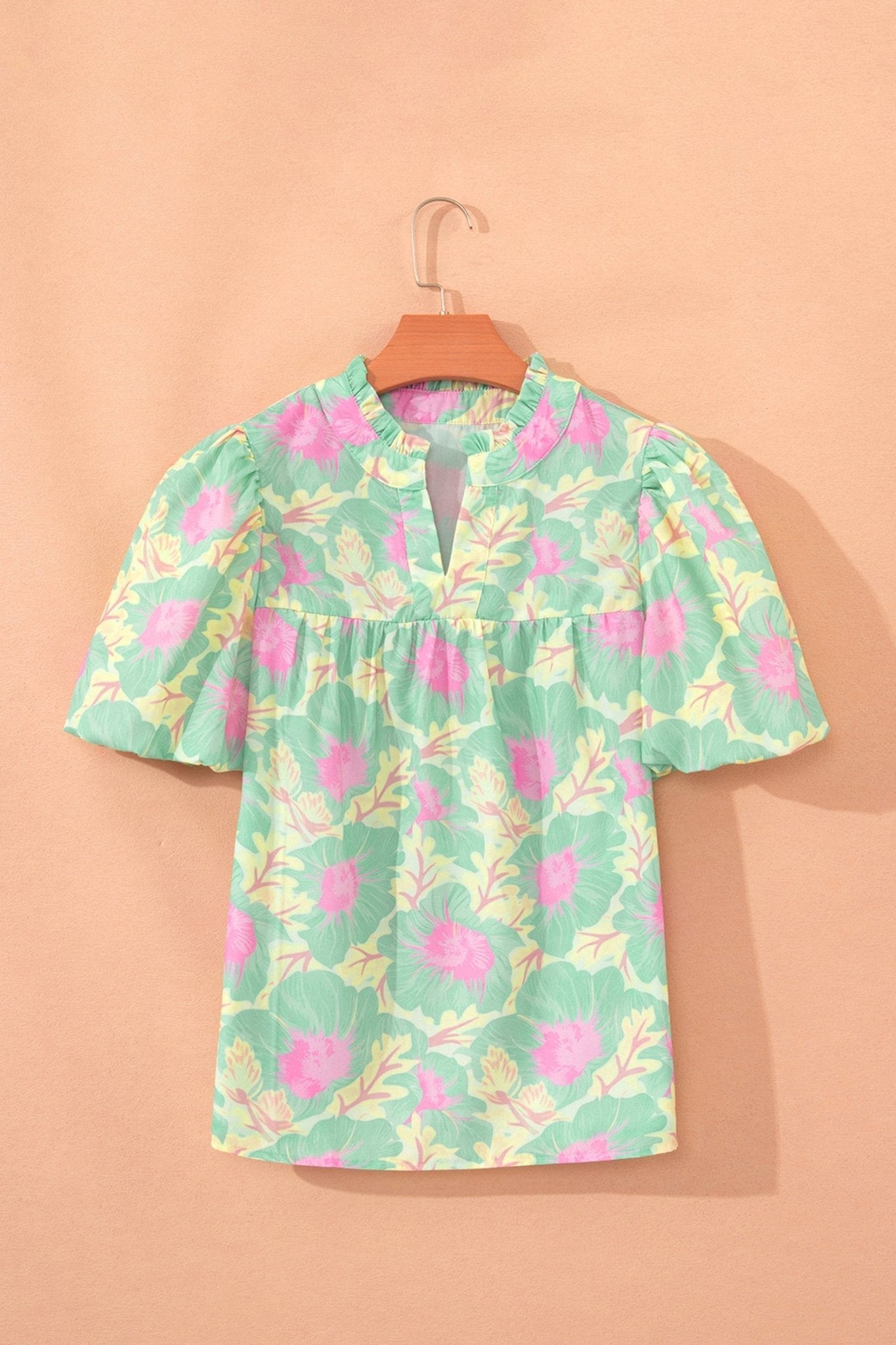 Floral Frilled V-Neck Bubble Sleeve Babydoll Blouse - Rooted & Reckless Co.