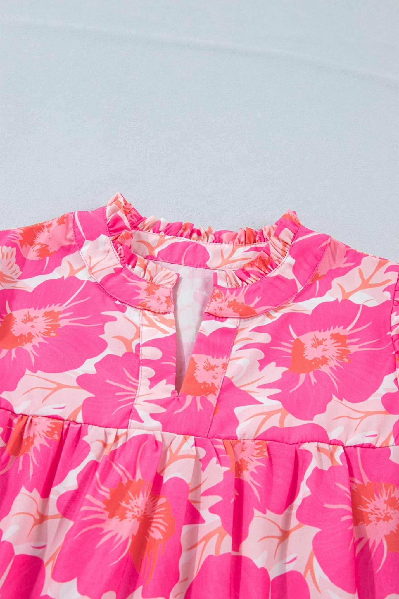 Floral Frilled V-Neck Bubble Sleeve Babydoll Blouse - Rooted & Reckless Co.