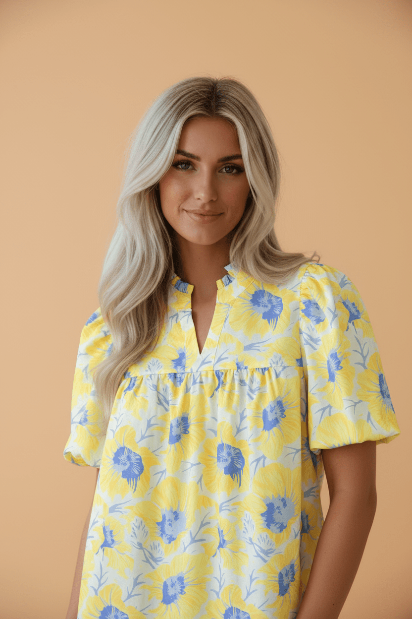 Floral Frilled V-Neck Bubble Sleeve Babydoll Blouse - Rooted & Reckless Co.