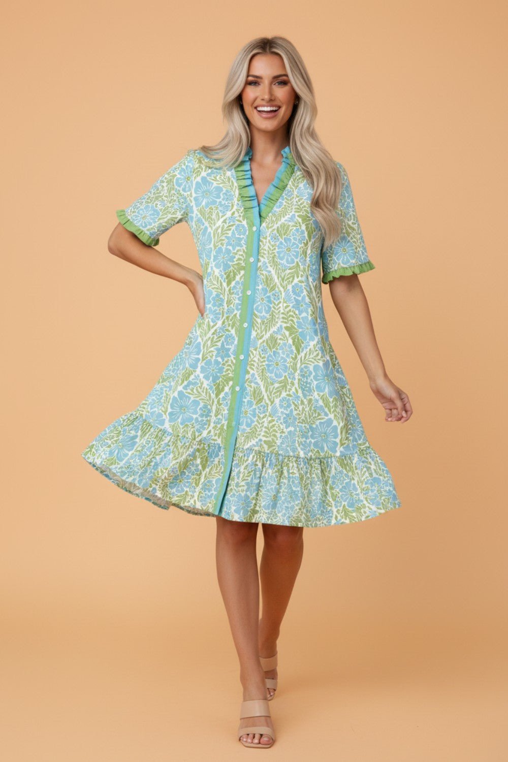 Floral Frilled V-Neck Button Front Dress - Rooted & Reckless Co.