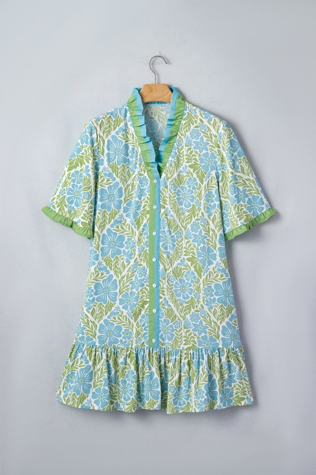Floral Frilled V-Neck Button Front Dress - Rooted & Reckless Co.