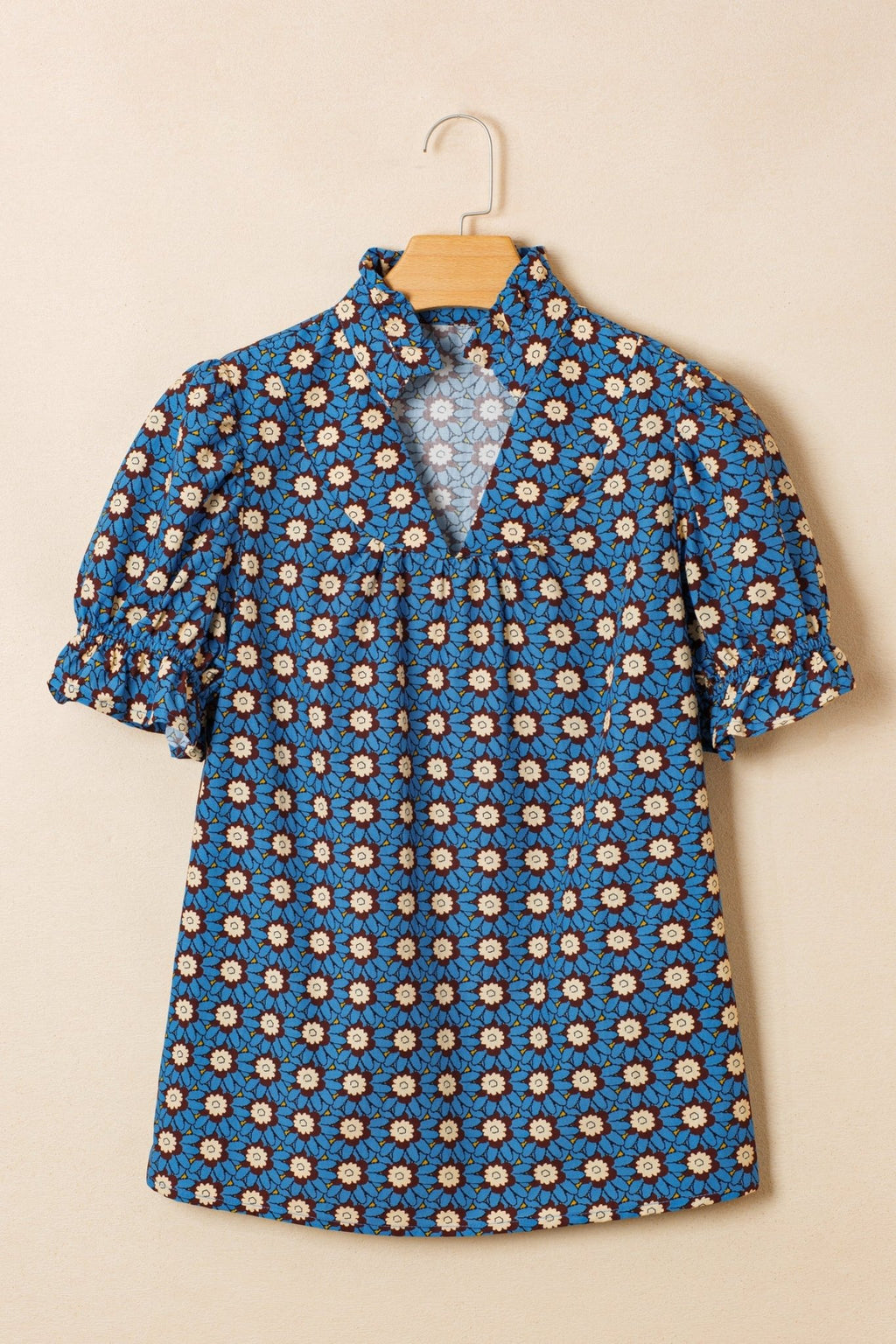 Floral Frilled V-Neck Pleated Puff Sleeve Blouse - Rooted & Reckless Co.