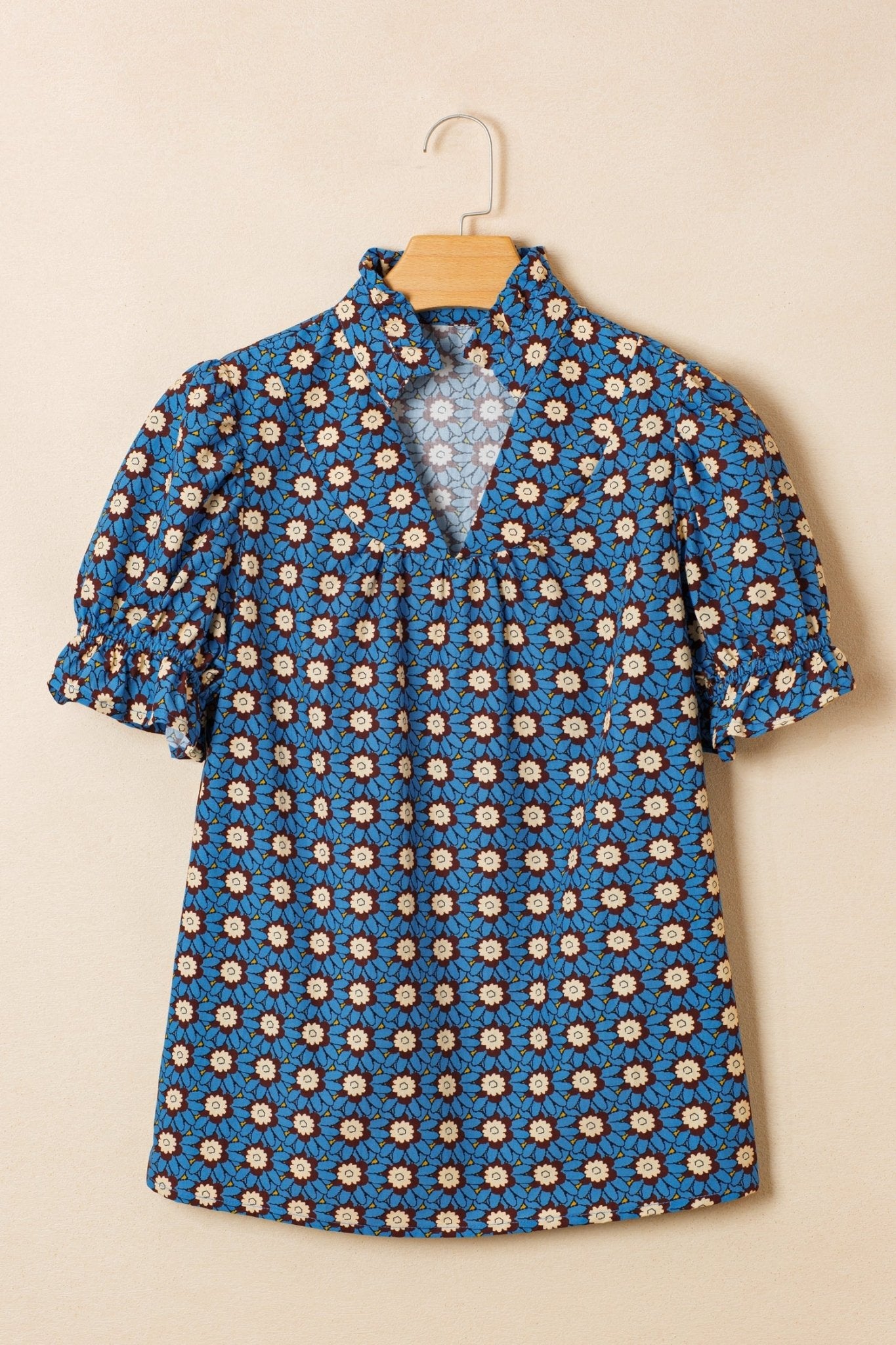 Floral Frilled V-Neck Pleated Puff Sleeve Blouse - Rooted & Reckless Co.