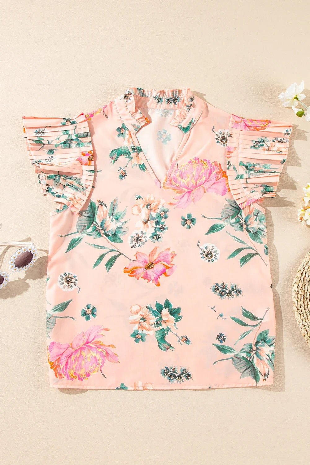 Floral Frilled V-Neck Pleated Sleeve Blouse - Rooted & Reckless Co.