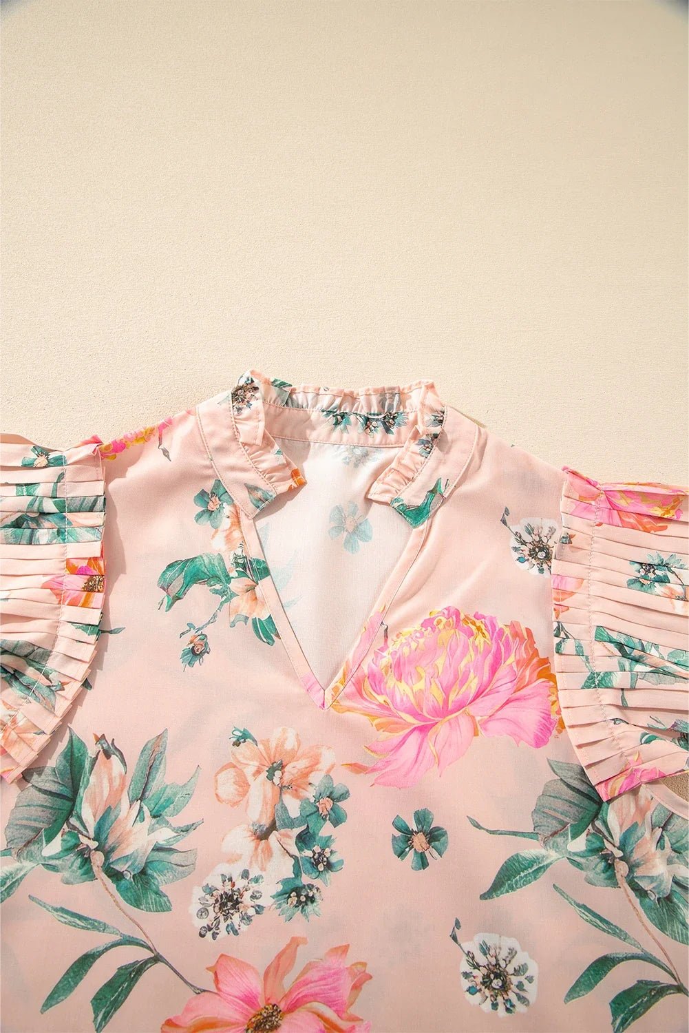 Floral Frilled V-Neck Pleated Sleeve Blouse - Rooted & Reckless Co.