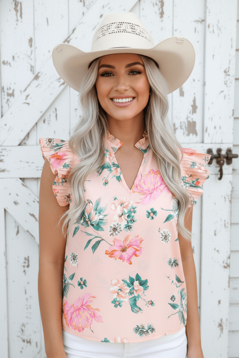 Floral Frilled V-Neck Pleated Sleeve Blouse - Rooted & Reckless Co.