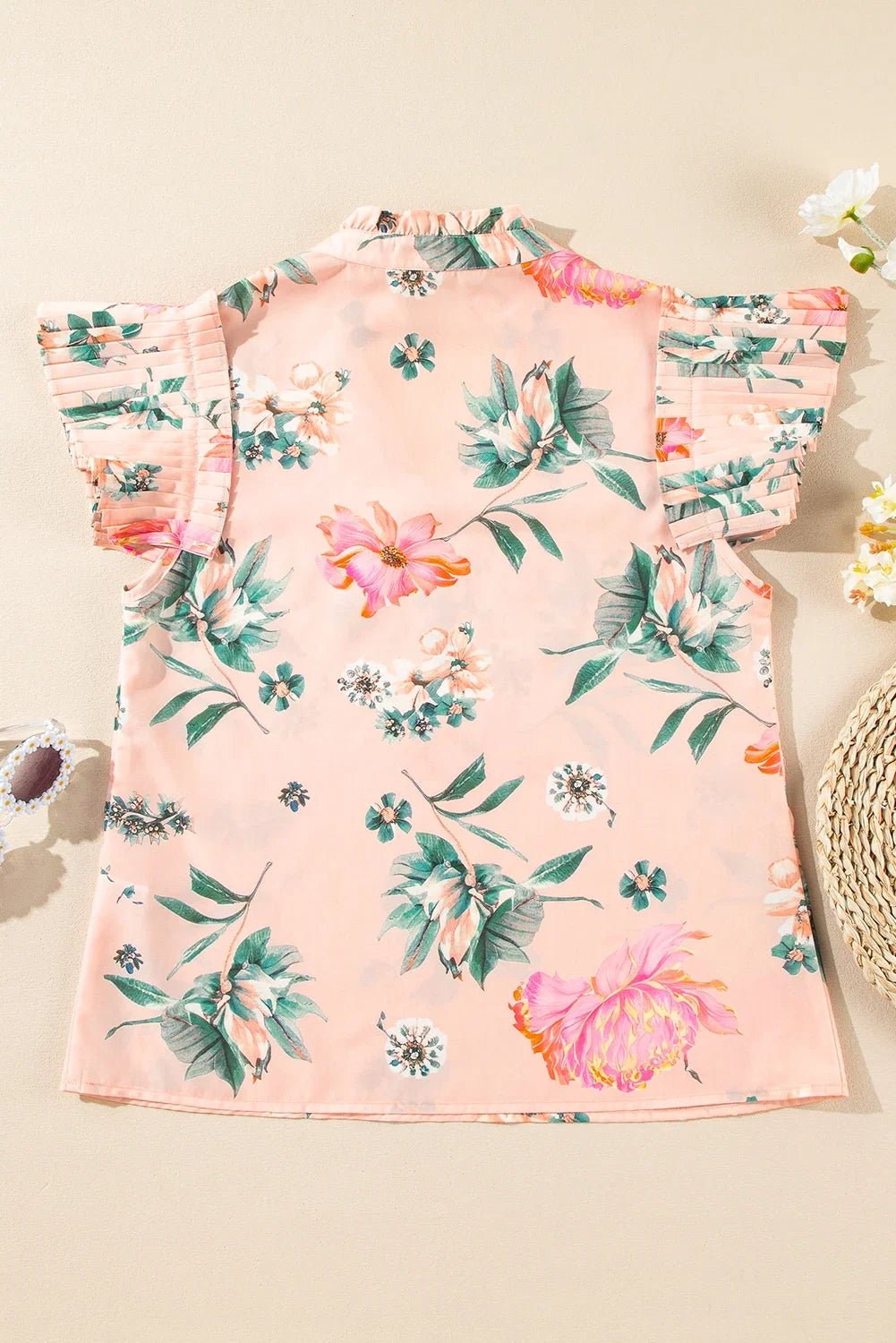Floral Frilled V-Neck Pleated Sleeve Blouse - Rooted & Reckless Co.