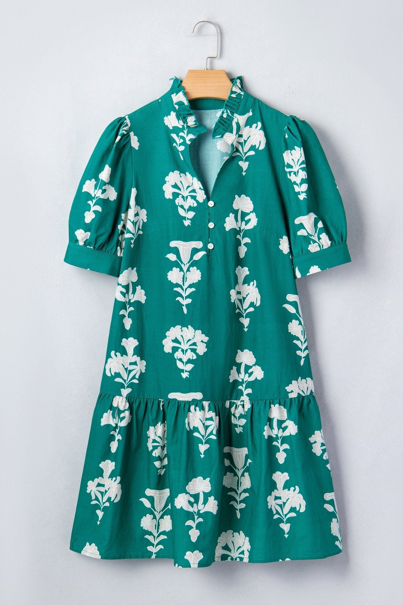 Floral Frilled V-Neck Puff Sleeve Mini Dress - Rooted & Reckless Co.