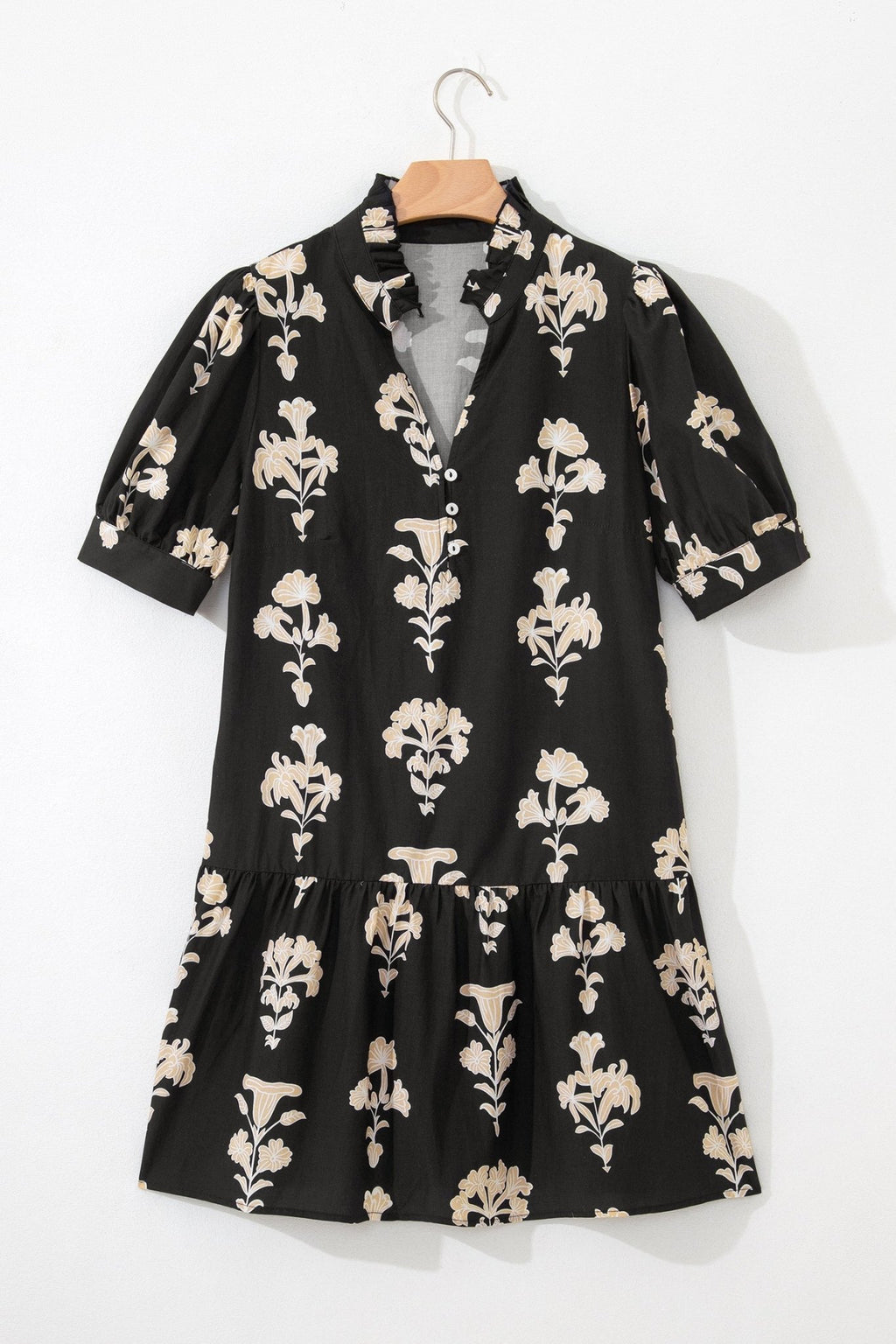 Floral Frilled V-Neck Puff Sleeve Mini Dress - Rooted & Reckless Co.