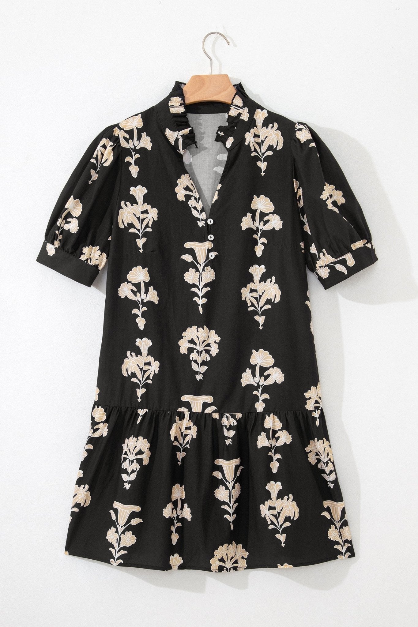 Floral Frilled V-Neck Puff Sleeve Mini Dress - Rooted & Reckless Co.