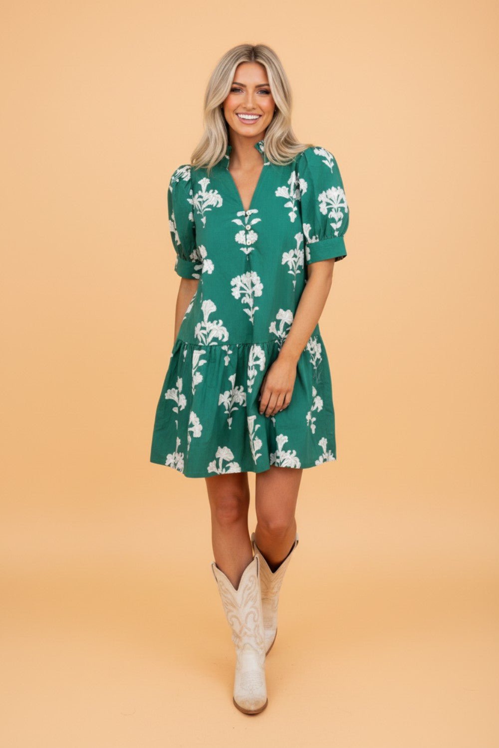 Floral Frilled V-Neck Puff Sleeve Mini Dress - Rooted & Reckless Co.