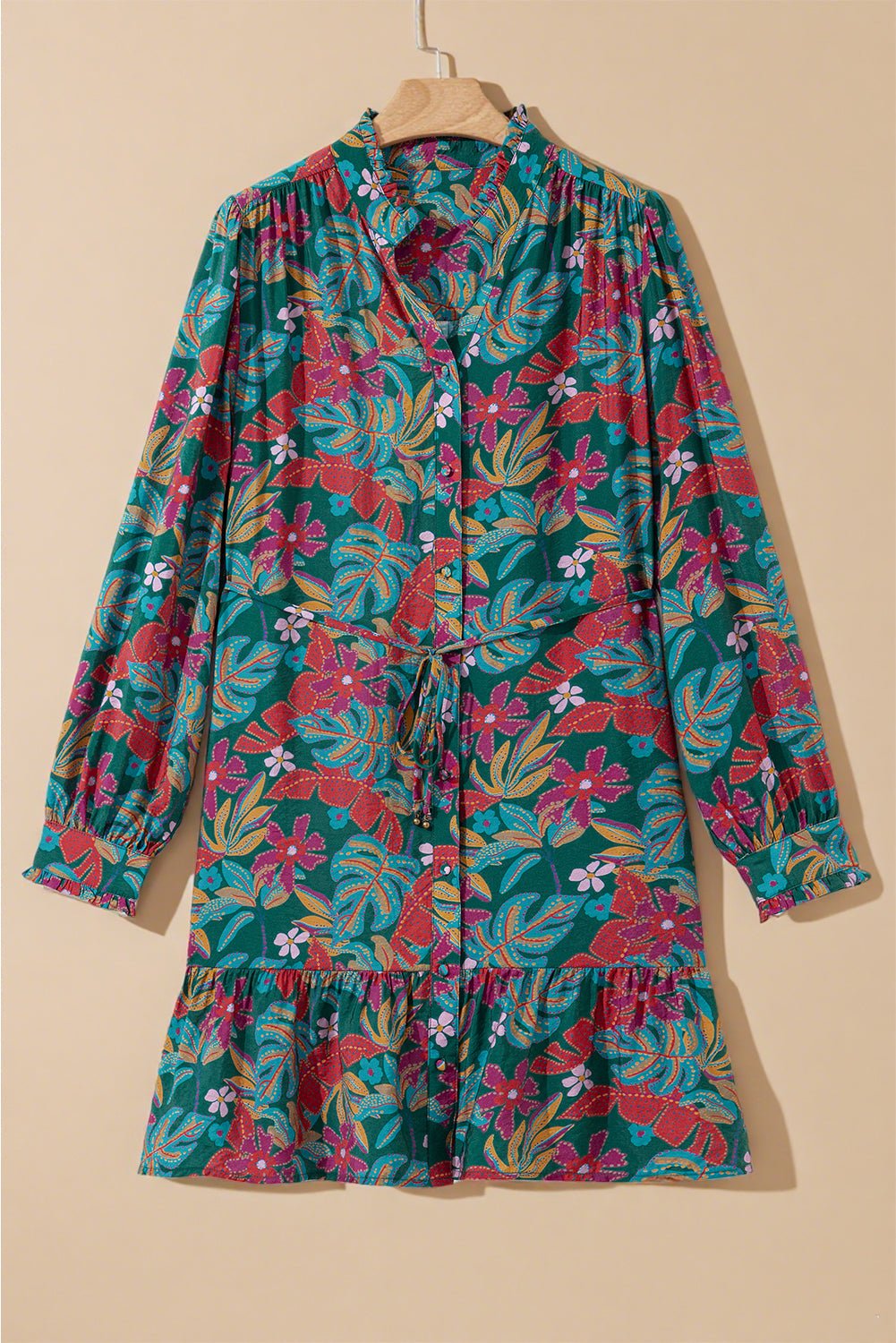 Floral Frilled V-Neck Puff Sleeve Ruffle Shirt Dress - Rooted & Reckless Co.