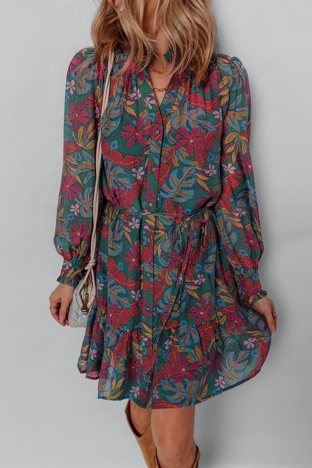 Floral Frilled V-Neck Puff Sleeve Ruffle Shirt Dress - Rooted & Reckless Co.
