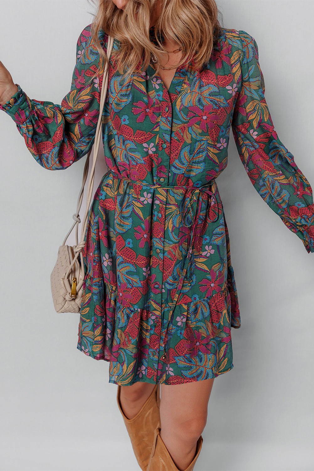 Floral Frilled V-Neck Puff Sleeve Ruffle Shirt Dress - Rooted & Reckless Co.