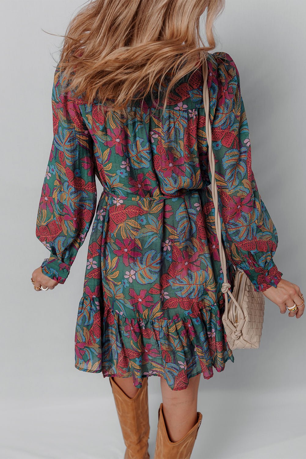 Floral Frilled V-Neck Puff Sleeve Ruffle Shirt Dress - Rooted & Reckless Co.