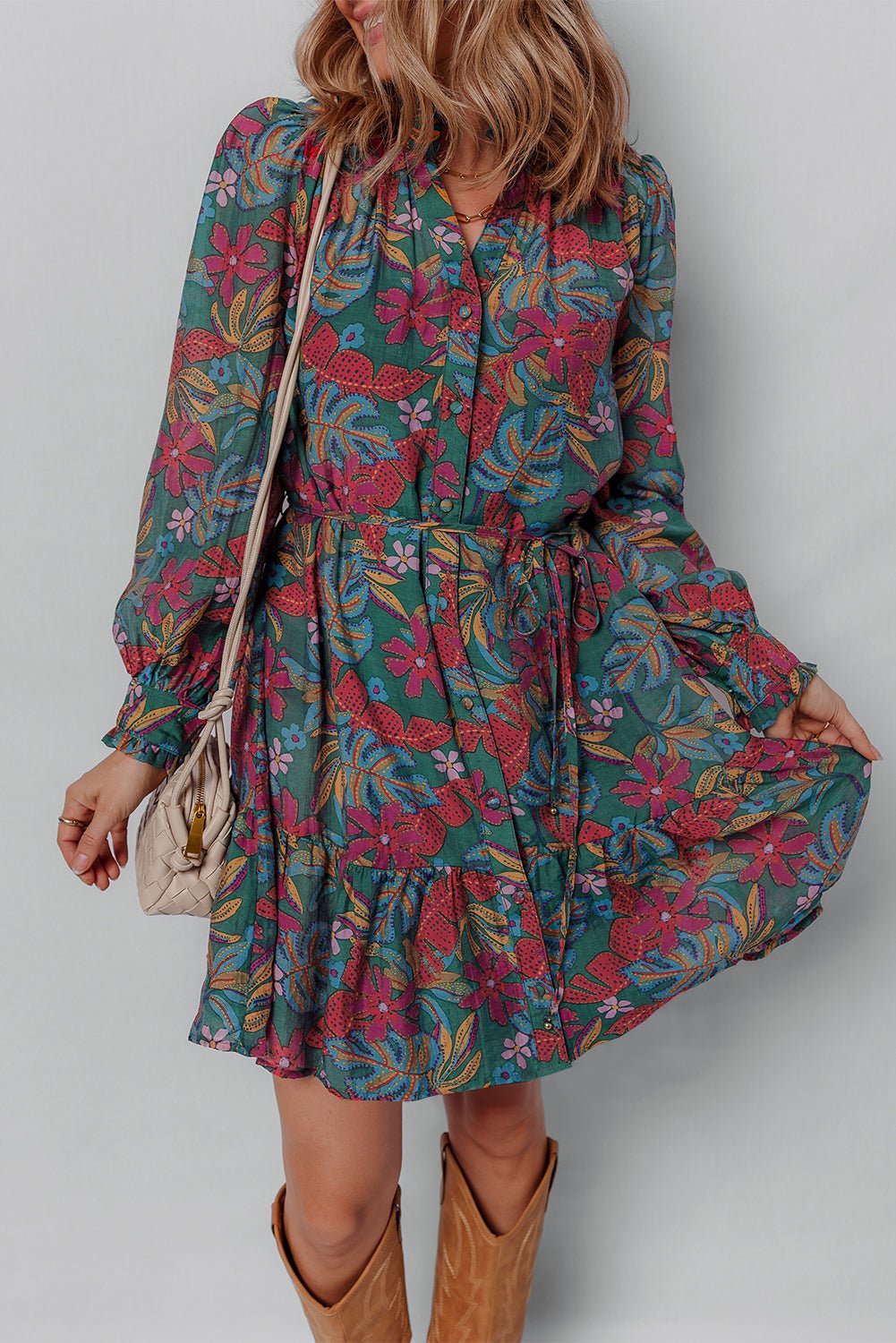 Floral Frilled V-Neck Puff Sleeve Ruffle Shirt Dress - Rooted & Reckless Co.