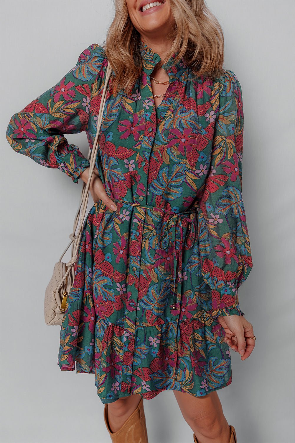 Floral Frilled V-Neck Puff Sleeve Ruffle Shirt Dress - Rooted & Reckless Co.