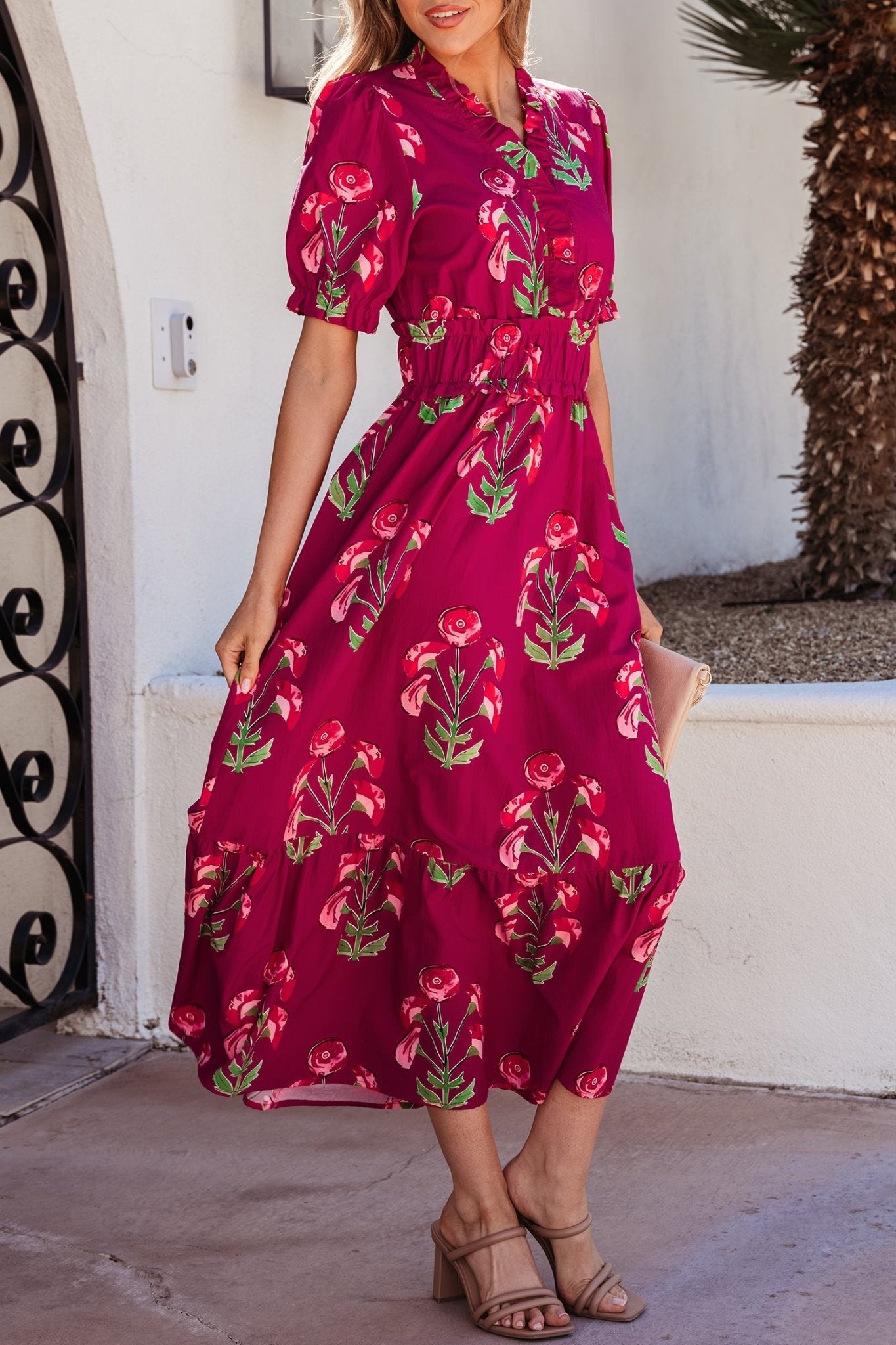 Floral Frilled V-Neck Ruffle Maxi Dress - Rooted & Reckless Co.