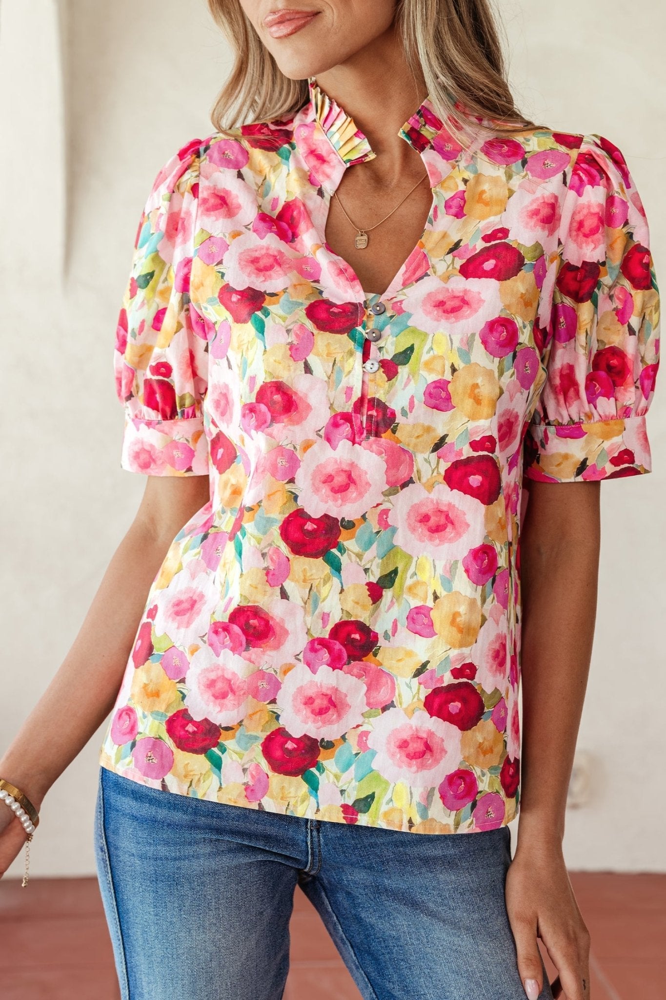 Floral Frilled V-Neck Short Puff Sleeve Blouse - Rooted & Reckless Co.