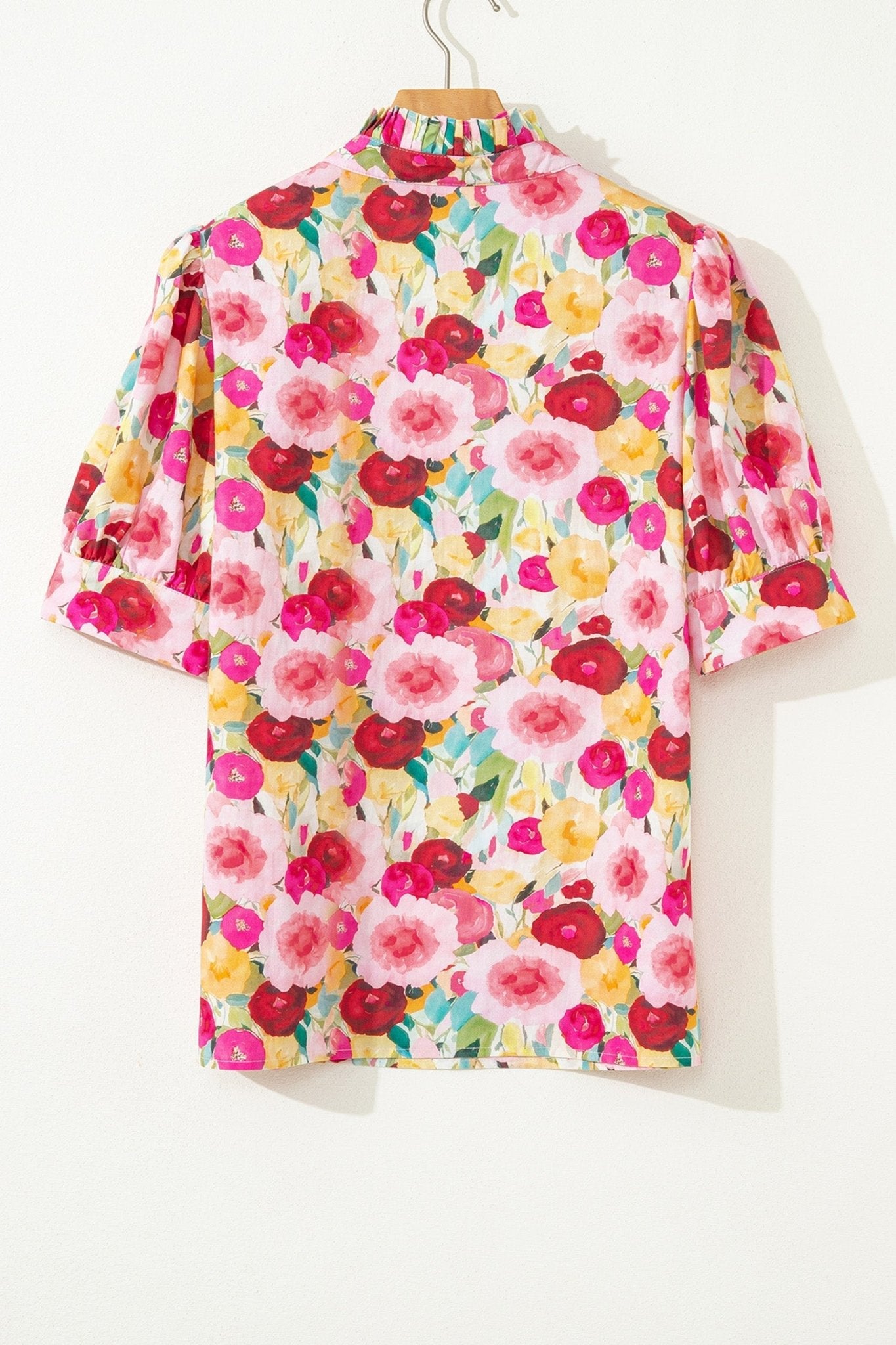 Floral Frilled V-Neck Short Puff Sleeve Blouse - Rooted & Reckless Co.