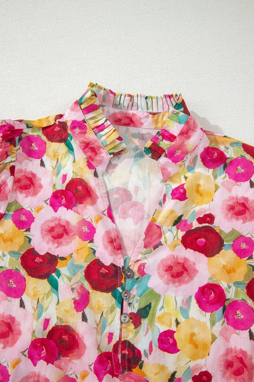 Floral Frilled V-Neck Short Puff Sleeve Blouse - Rooted & Reckless Co.
