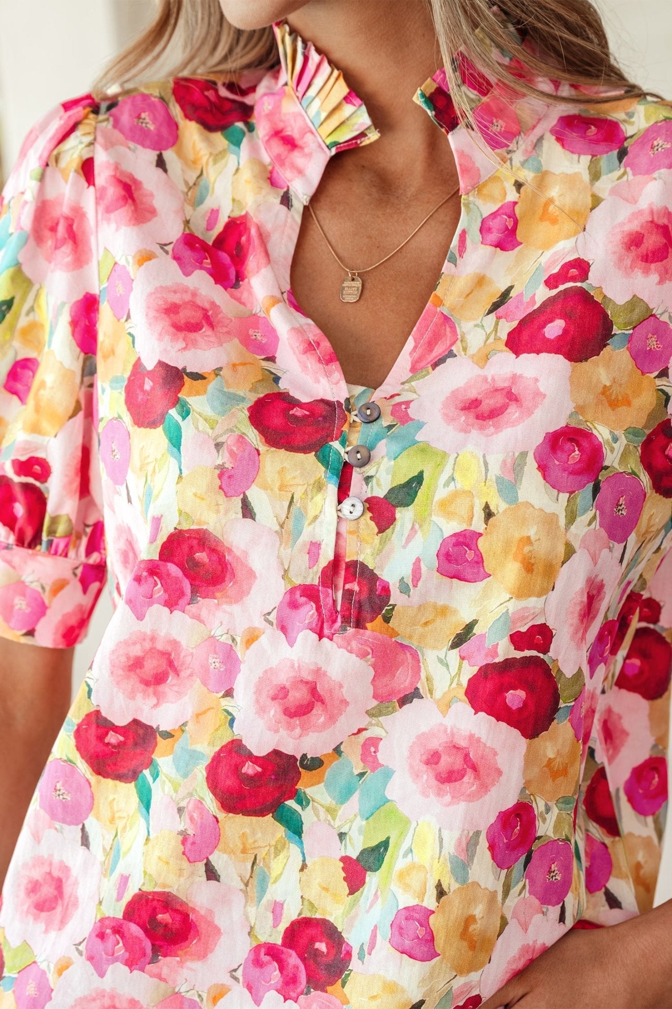 Floral Frilled V-Neck Short Puff Sleeve Blouse - Rooted & Reckless Co.