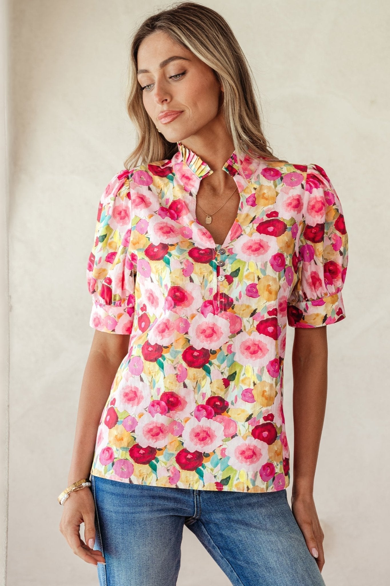Floral Frilled V-Neck Short Puff Sleeve Blouse - Rooted & Reckless Co.