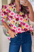 Floral Frilled V-Neck Short Puff Sleeve Blouse - Rooted & Reckless Co.